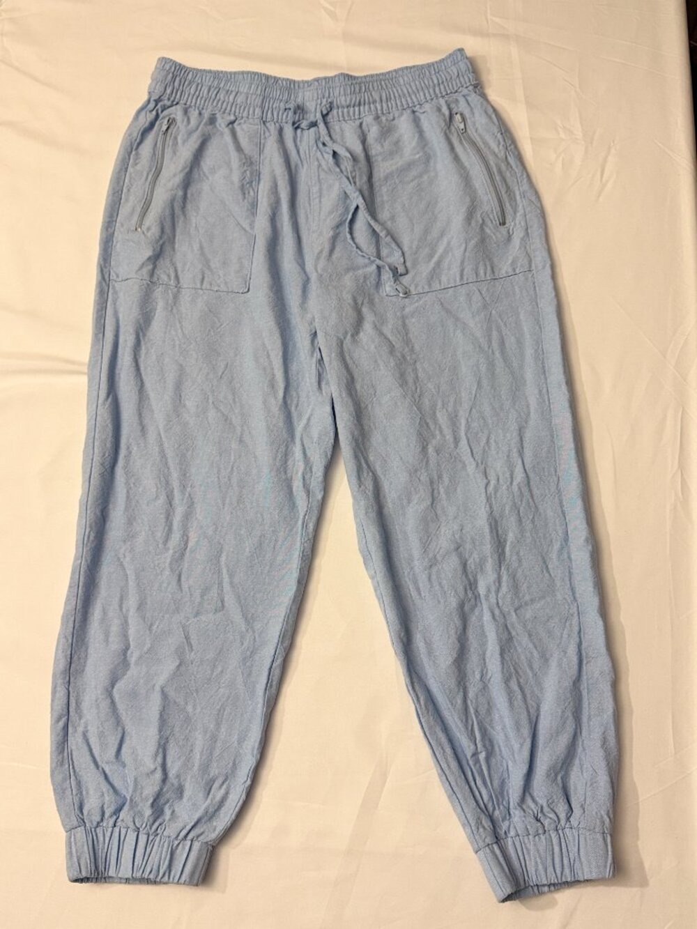 Serra Linen Blend Blue Jogger Pants Size M Drawstring Zip Pockets